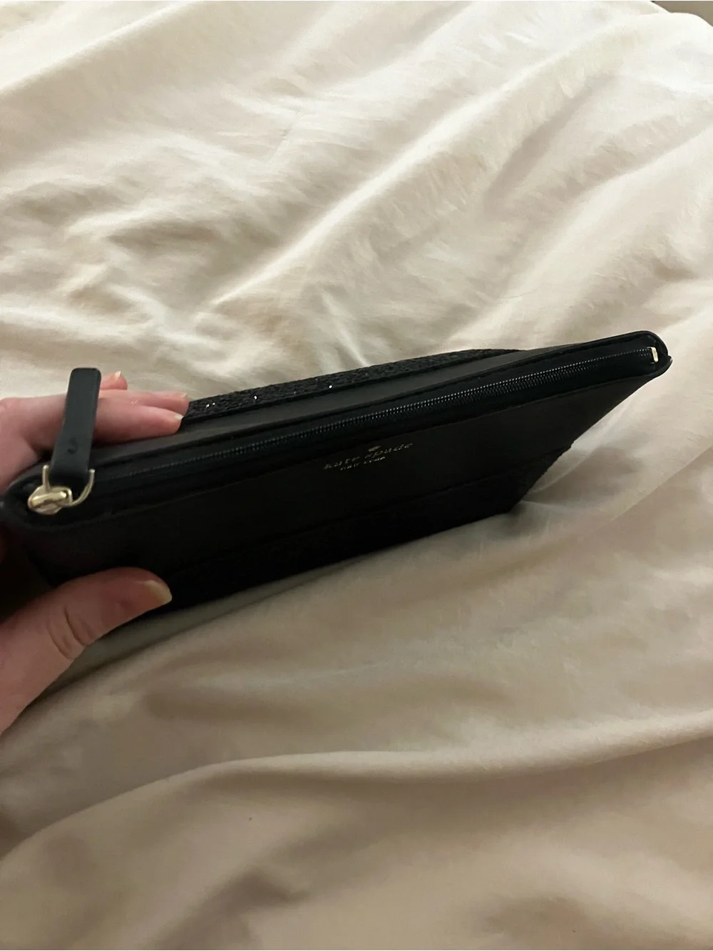 Kate Spade New York Black Saffiano Leather Glitter Makeup Bag Cosmetic Pouch Zip